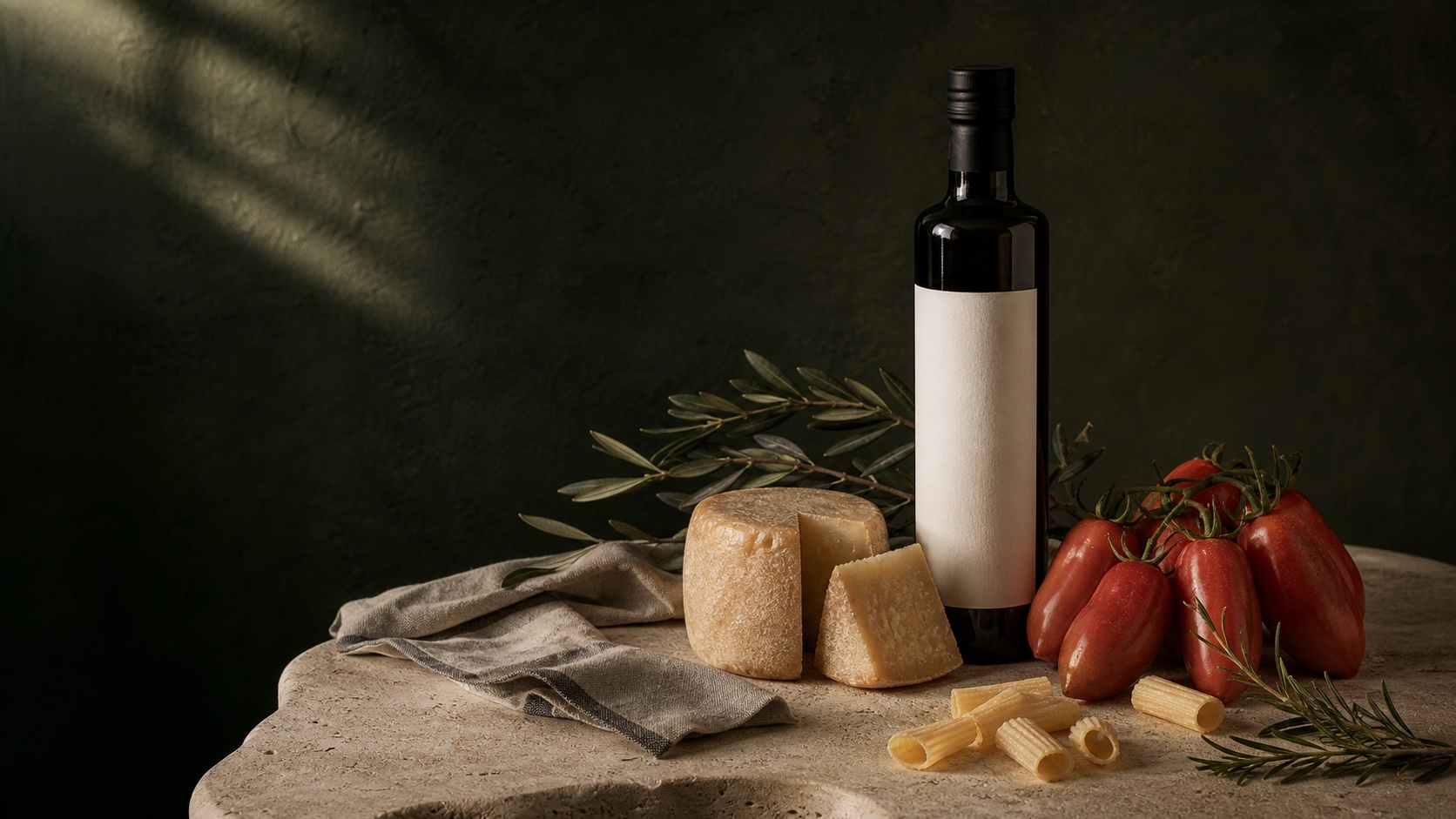Huile d’olive, fromage affiné, tomates et pâtes artisanales